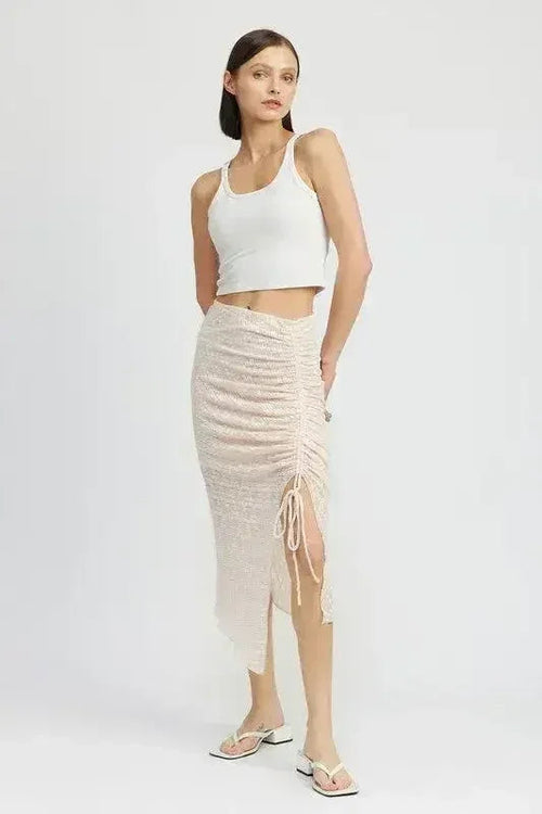 Nadia's Statement High-Slit Ruched Lace Skirt