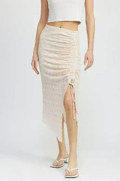 Nadia's Statement High-Slit Ruched Lace Skirt