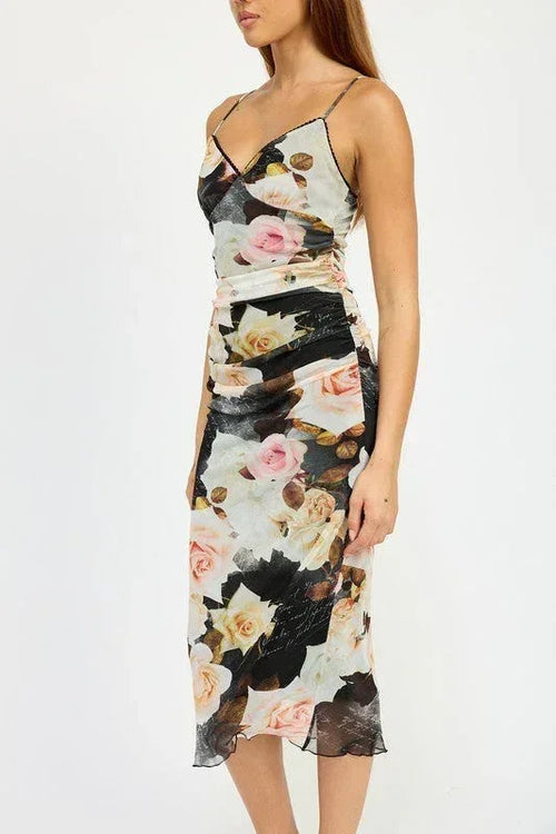 RUCHED MIDI V NECK DRESS