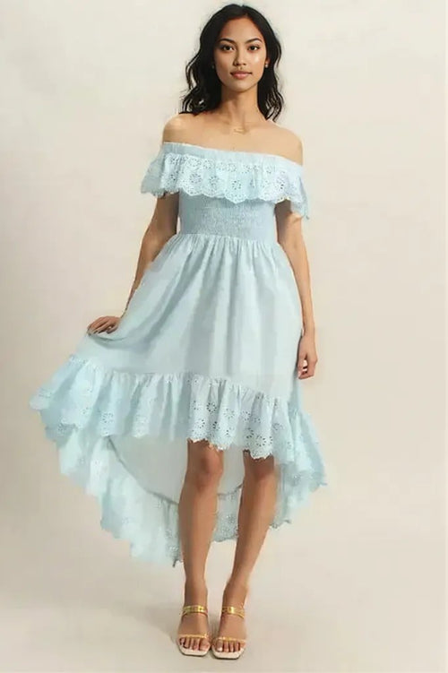 HYFVE Eyelet Off-Shoulder Dress – High-Low Ruffled Hem