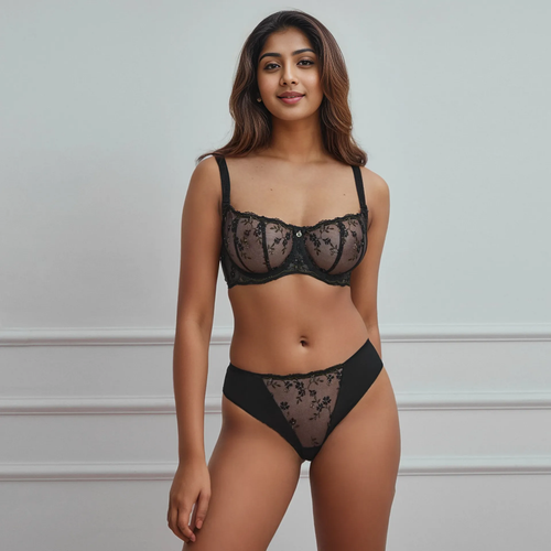 Natasha's Sheer Tanga: Elegant Allure in Black & Autumn Green