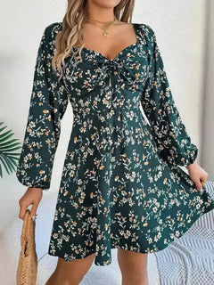 Printed Sweetheart Neck Balloon Sleeve Mini Dress