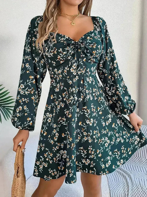 Printed Sweetheart Neck Balloon Sleeve Mini Dress