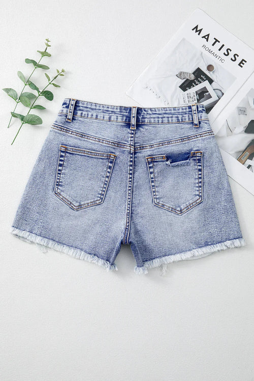 Beau Blue Pearl Studded Pocket Raw Hem Denim Shorts