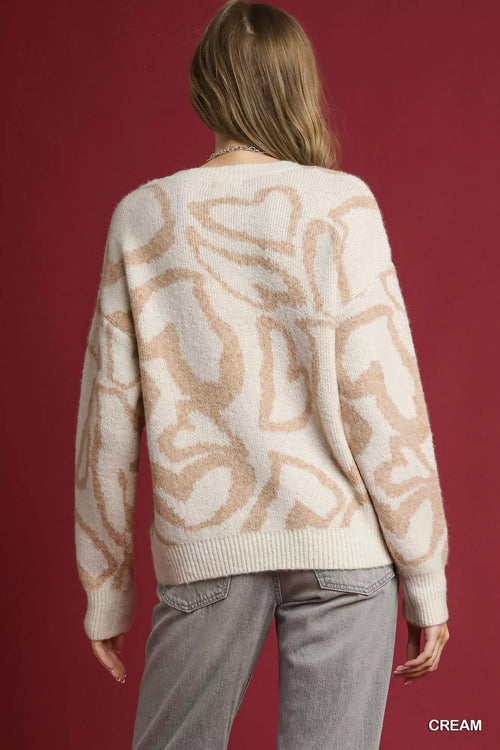 Umgee Heart Print Crew Neck Sweater