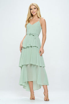 Belted Layered Hem Sleeveless Maxi Dress
