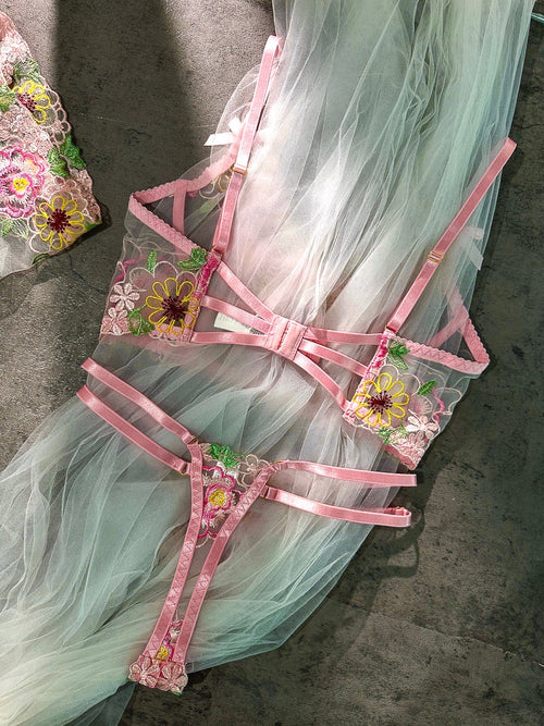 Pink Floral Embroidery  Lingerie Set