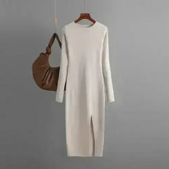 Autumn And Winter Long Sleeve Knitted Backless Round Neck Dress