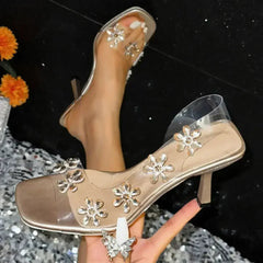 Clear Floral Slingbacks - Rhinestone Heels - Summer Wedding Shoes
