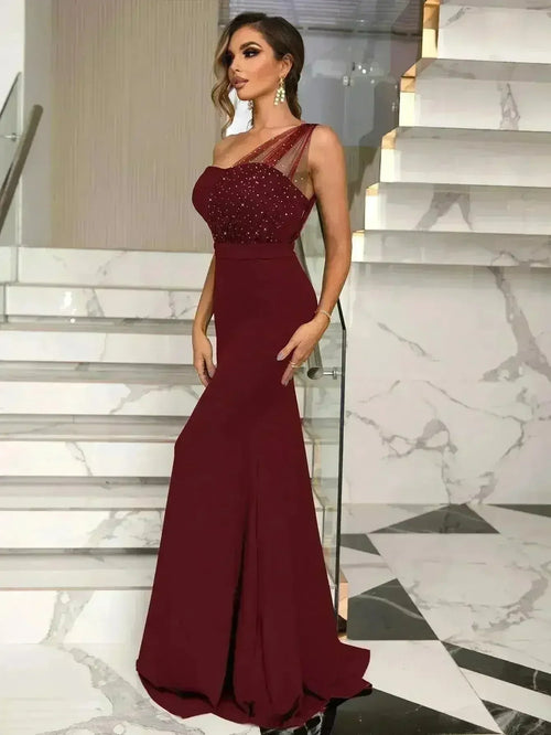 Rhinestone One-Shoulder Formal Dress – Elegant Evening Gown