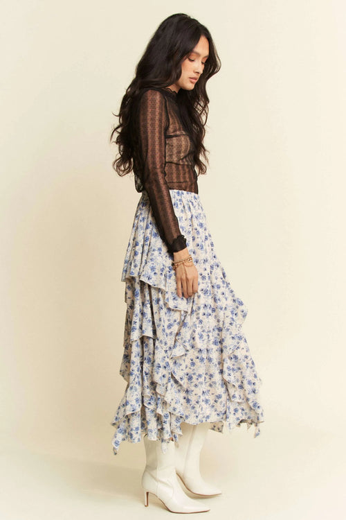 Davi & Dani Turtle Neck Lace Dotted Stretch Mesh Sheer Top