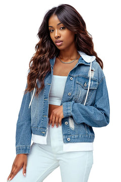Sky Blue Distressed Hooded Denim Jacket: Stylish Comfort