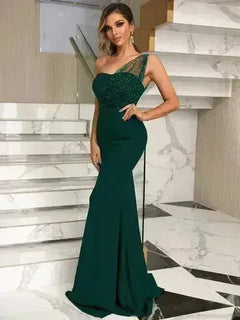 Rhinestone One-Shoulder Formal Dress – Elegant Evening Gown