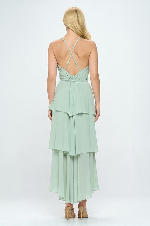 Belted Layered Hem Sleeveless Maxi Dress