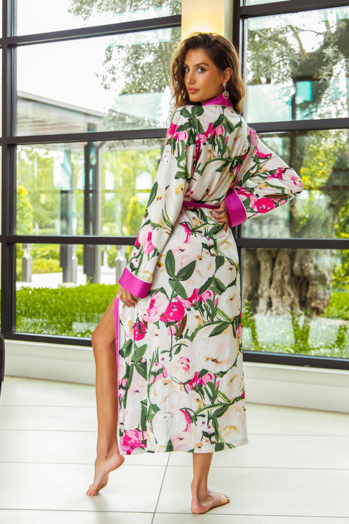 Pink Flower Print Purple Silky Satin Robe With Belt