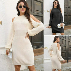 Lantern Sleeve Woolen Skirt Female Waist Trimming Loose Knitted Dress
