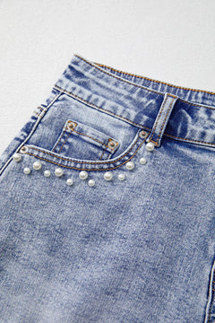 Beau Blue Pearl Studded Pocket Raw Hem Denim Shorts