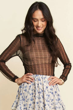 Davi & Dani Turtle Neck Lace Dotted Stretch Mesh Sheer Top