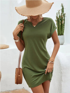 Notched Short Sleeve Mini Tee Dress - Boutique Clothing