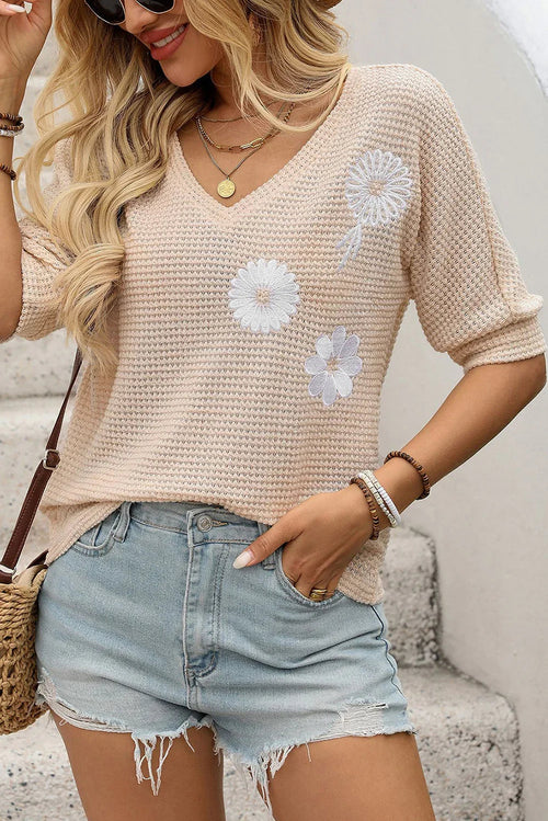 Jet Stream Flower Embroidered Waffle Knit T Shirt