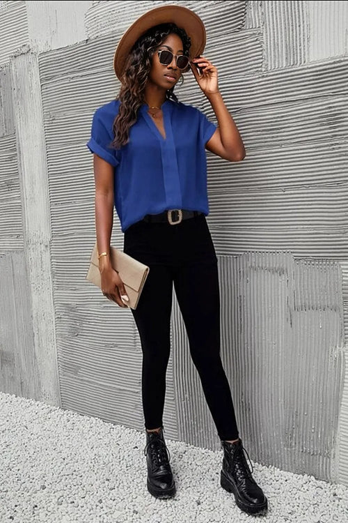 Luxurious Elegance: Notched Short Sleeve Blouse