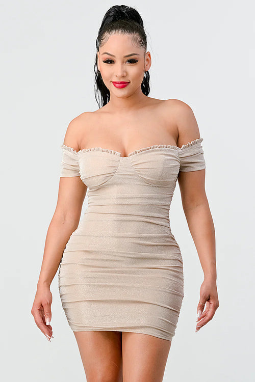 LUX SHINY METALIC GLITTER RUFFLED OFF SHOULDER BODYCON MINI DRESS