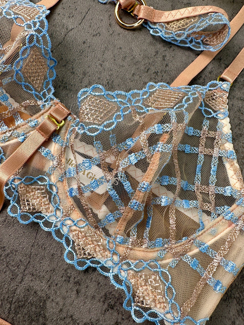 Sophia Blue & Beige Plaid Lingerie Set