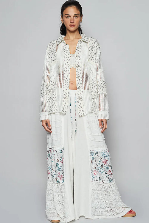 POL Floral Crochet Patchwork Long Sleeve Shirt