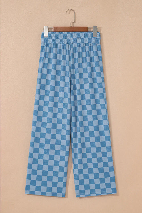 Sky Blue Tie Elastic Waist Checkered Loose Pants
