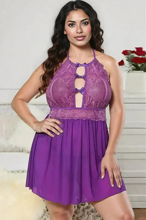 Halter Neck Lace Mesh Backless Plus Size Babydoll