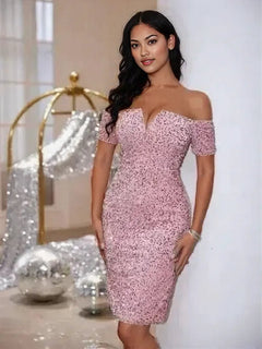 Slit Sequin Off-Shoulder Mini Dress