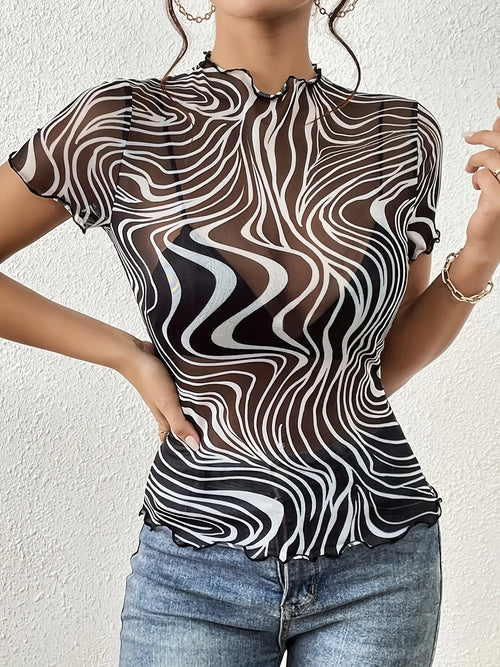 Psychedelic Wave Print Mock Neck T-Shirt