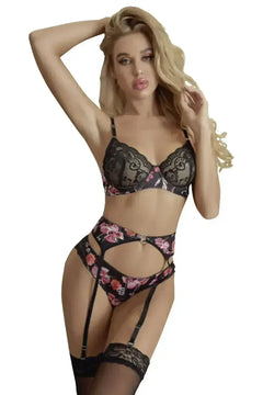 Print Lace Splicing Bralette Set with Garter Belts