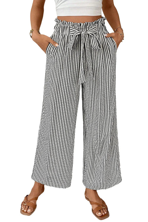 Black Striped Frill Knot Waist Decor Pants