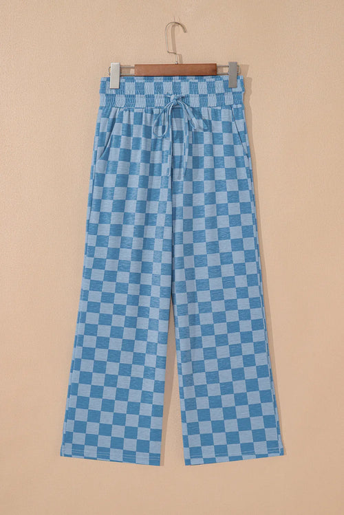 Sky Blue Tie Elastic Waist Checkered Loose Pants