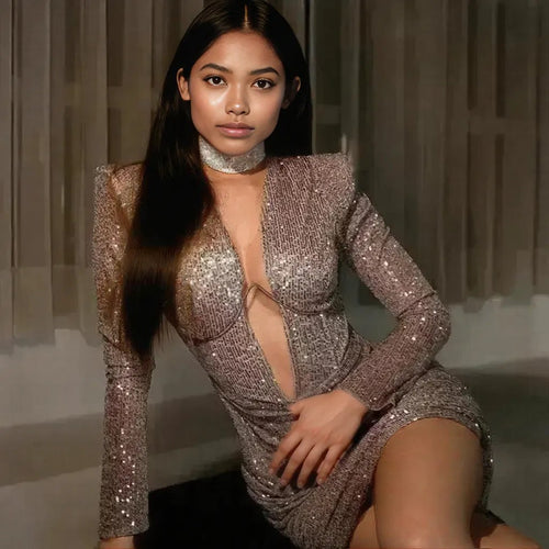 Sexy V-Neck Long Sleeve Hip Skirt Ins Slim Waist Sequin Dress For Wome