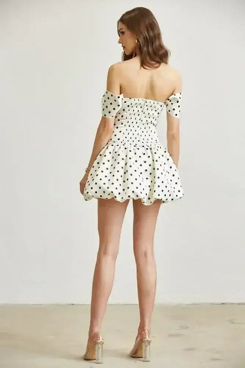 Polkadot Satin Off-Shoulder Bubble Dress