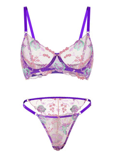 Purple Petal Embroidered Lingerie Set