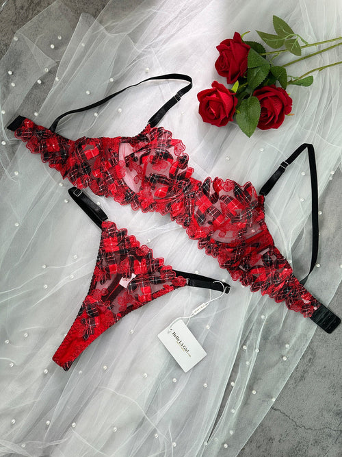 Red Tartan Flower Lingerie Set
