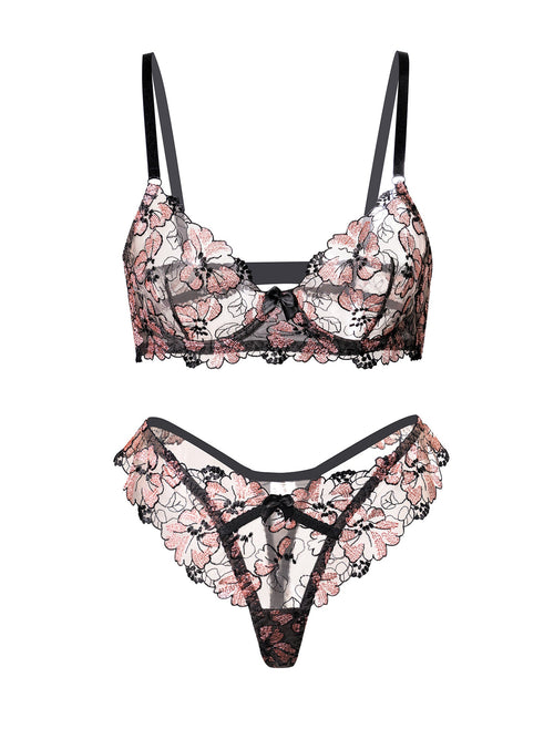 Black& Dustyrose Flutter Lace Lingerie Set
