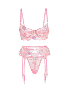 Pink Floral Embroidery Pearl Chain Lingerie Set