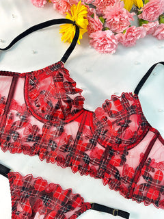Red Tartan Flower Lingerie Set