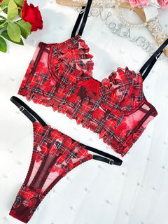 Red Tartan Flower Lingerie Set