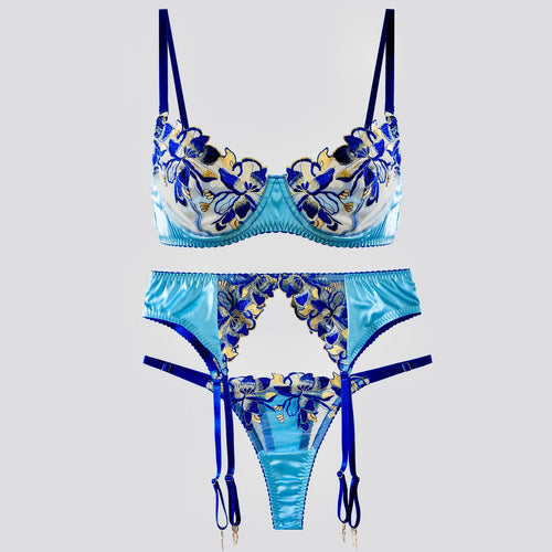 Fresh Blue Satin Embroidered Lingerie