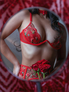 Red Flowers Mesh Sheer Lingerie Set