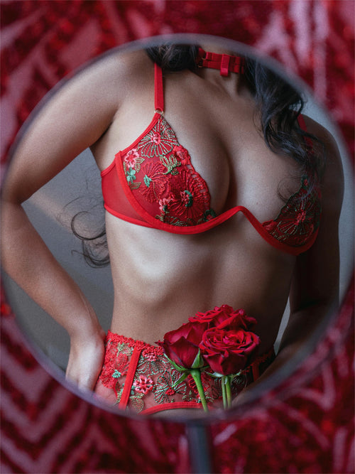 Red Flowers Mesh Sheer Lingerie Set