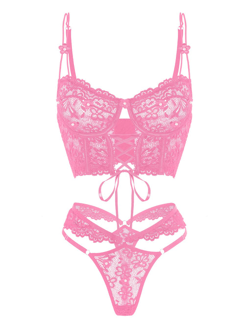 Pink Pearls Small Flower Lace Lingerie Set