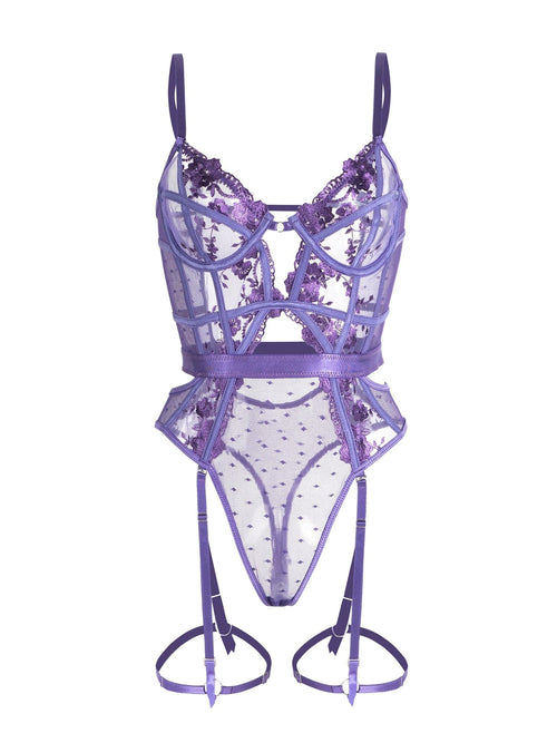Purple Solid Elegant Embroidered Lace Bodysuit