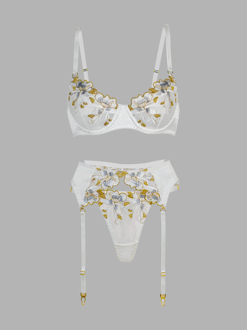 White &Gold Thread Embroidered Lingerie Set
