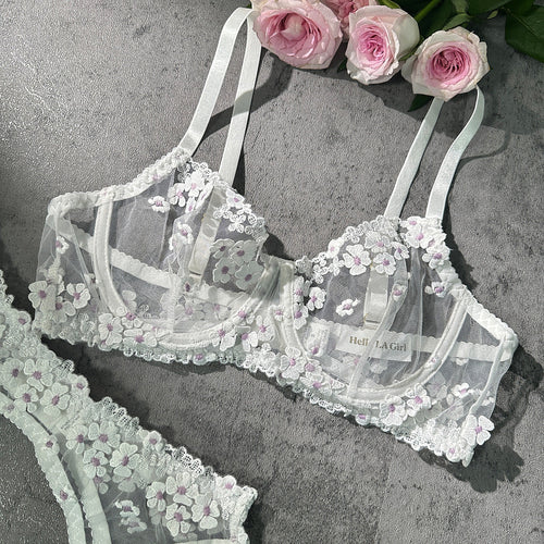 White Cherry Blossoms Sheer Lace Lingerie Set